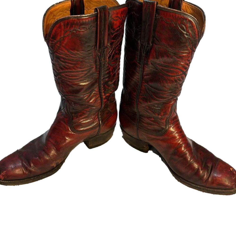 Vintage Lucchese Cowboy Boots Mens 10.5 E Red Wine Burgundy Leather